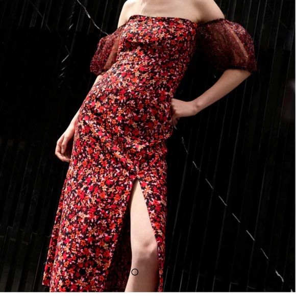 French Connection Clara Floral Off the Shoulder Puff Sleeve Dress size 6 Midi - Picture 4 of 9